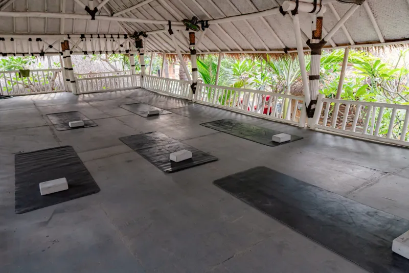 Open-Air-Yoga-Shala mit Matten und Grün